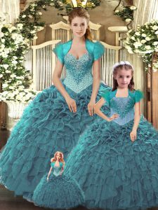 Modest Teal Lace Up Sweet 16 Dress Beading and Ruffles Sleeveless Floor Length