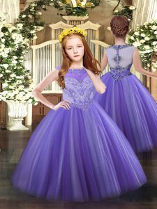 Modern Lavender Ball Gowns Tulle Scoop Sleeveless Beading Floor Length Zipper Pageant Dress for Girls