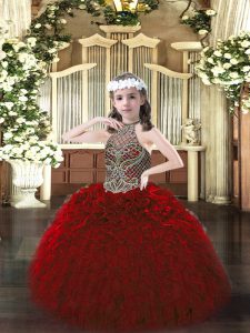 Beading and Ruffles Little Girls Pageant Dress Wholesale Wine Red Lace Up Sleeveless Floor Length