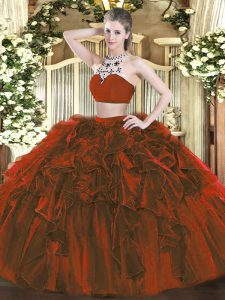 Enchanting Rust Red Sleeveless Tulle Backless Vestidos de Quinceanera for Military Ball and Sweet 16 and Quinceanera