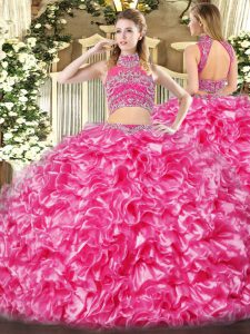 Spectacular Hot Pink Sleeveless Tulle Backless Sweet 16 Dresses for Military Ball and Sweet 16 and Quinceanera