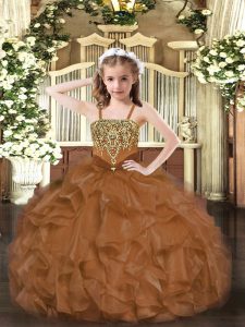 Organza Straps Sleeveless Lace Up Beading and Ruffles Evening Gowns in Brown