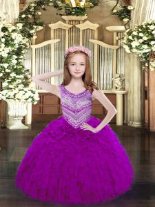 Beading and Ruffles Pageant Gowns Fuchsia Lace Up Sleeveless Floor Length