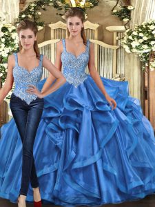 Decent Blue Straps Lace Up Beading and Ruffles Quinceanera Gowns Sleeveless