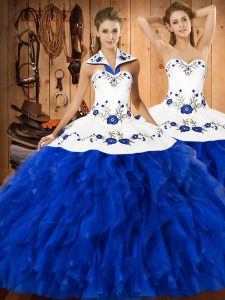Floor Length Lace Up Quinceanera Gowns Blue And White for Military Ball and Sweet 16 and Quinceanera with Embroidery and