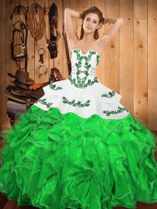 Satin and Organza Strapless Sleeveless Lace Up Embroidery and Ruffles Quince Ball Gowns in Green