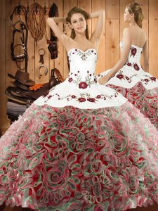 Super Multi-color Ball Gowns Fabric With Rolling Flowers Sweetheart Sleeveless Embroidery Lace Up Quinceanera Gown Sweep