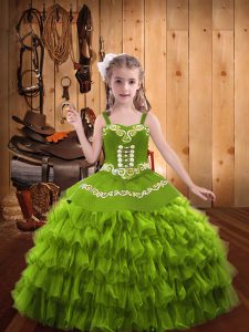 Olive Green Straps Lace Up Embroidery and Ruffled Layers Pageant Gowns For Girls Sleeveless