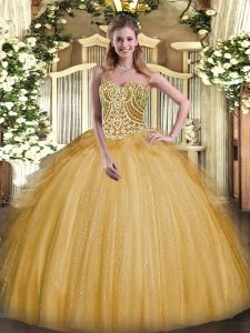 Dazzling Gold Organza Lace Up Sweetheart Sleeveless Floor Length Quinceanera Gowns Beading and Ruffles