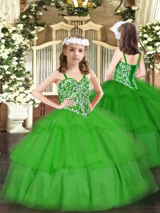Excellent Green Straps Neckline Beading and Ruffled Layers Kids Formal Wear Sleeveless Lace Up