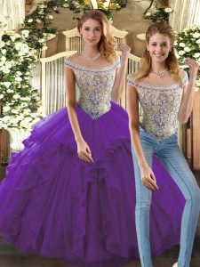 Popular Two Pieces 15 Quinceanera Dress Purple Bateau Organza Sleeveless Floor Length Lace Up
