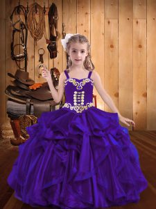 Straps Sleeveless Girls Pageant Dresses Floor Length Embroidery and Ruffles Purple Organza