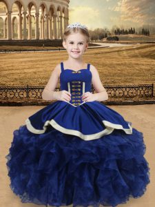 Adorable Floor Length Lace Up Little Girl Pageant Dress Blue for Sweet 16 and Quinceanera with Beading and Ruffles