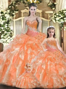 Low Price Orange Red Ball Gowns Tulle Sweetheart Sleeveless Beading and Ruffles Floor Length Lace Up Sweet 16 Dress
