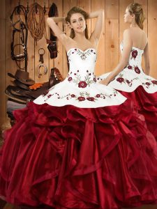 Cute Sleeveless Organza Floor Length Lace Up Quinceanera Dress in Wine Red with Embroidery and Ruffles