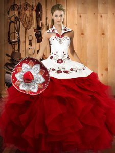 Halter Top Sleeveless Lace Up Quinceanera Gowns Wine Red Satin and Organza