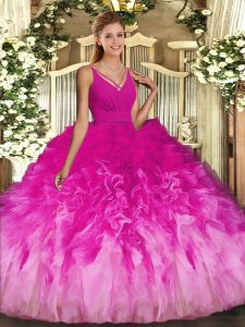 Ball Gowns 15 Quinceanera Dress Multi-color V-neck Tulle Sleeveless Floor Length Backless