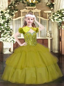 Olive Green Sleeveless Floor Length Beading and Ruffled Layers Lace Up Child Pageant Dress