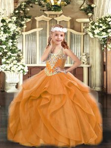 Ball Gowns Little Girls Pageant Gowns Orange Red V-neck Tulle Sleeveless Floor Length Lace Up