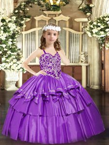 Affordable Sleeveless Organza Floor Length Lace Up Little Girls Pageant Gowns in Lilac with Beading and Ruffled Layers
