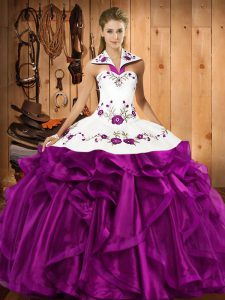 Elegant Eggplant Purple Lace Up Halter Top Embroidery and Ruffles 15 Quinceanera Dress Organza Sleeveless