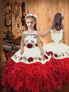 Stunning Floor Length Red Little Girl Pageant Dress Organza Sleeveless Embroidery and Ruffles