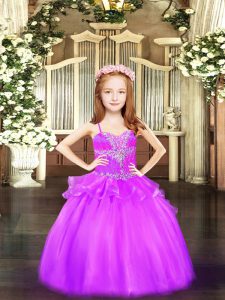 High Class Lilac Lace Up Little Girls Pageant Gowns Beading Sleeveless Floor Length