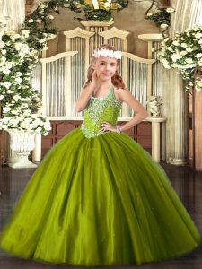 Beauteous V-neck Sleeveless Lace Up Custom Made Pageant Dress Olive Green Tulle
