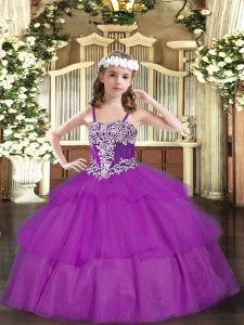 Popular Sleeveless Floor Length Appliques and Ruffled Layers Lace Up Kids Pageant Dress with Fuchsia