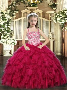 Sleeveless Organza Floor Length Lace Up Girls Pageant Dresses in Red with Beading and Ruffled Layers