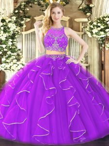 Extravagant Ball Gowns Ball Gown Prom Dress Purple Scoop Organza Sleeveless Floor Length Zipper