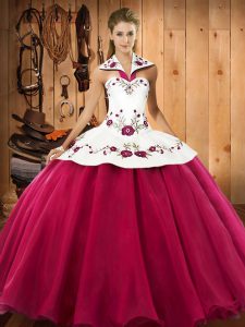 Lovely Hot Pink Ball Gowns Halter Top Sleeveless Satin and Tulle Floor Length Lace Up Embroidery 15 Quinceanera Dress