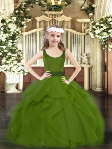 On Sale Olive Green Sleeveless Beading and Ruffles Floor Length Pageant Dress for Teens