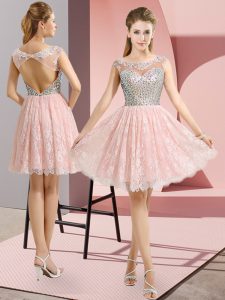 Wonderful Baby Pink Scoop Neckline Beading Prom Party Dress Cap Sleeves Backless