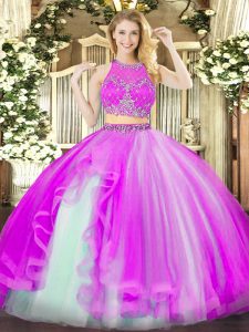 Romantic Floor Length Zipper 15th Birthday Dress Fuchsia for Military Ball and Sweet 16 and Quinceanera with Beading and