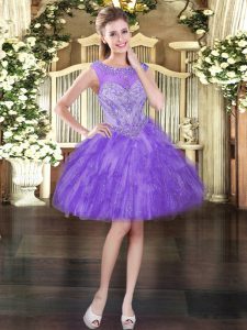 Flare Lavender Scoop Lace Up Beading and Ruffles Prom Gown Sleeveless
