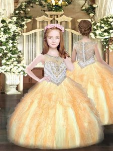 Gorgeous Gold Organza Zipper Pageant Dress for Girls Sleeveless Floor Length Beading and Ruffles