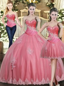 Ball Gowns Sweet 16 Dress Rose Pink Sweetheart Tulle Sleeveless Floor Length Lace Up