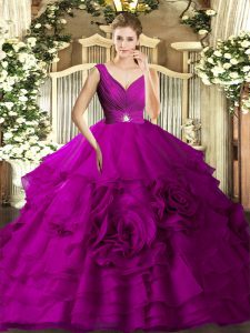 Super Sleeveless Floor Length Beading and Ruffles Backless Ball Gown Prom Dress with Fuchsia