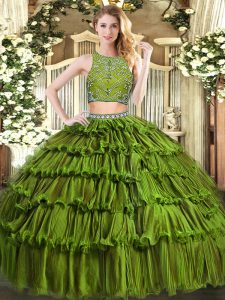 Olive Green Sweet 16 Dresses Military Ball and Sweet 16 and Quinceanera with Beading and Ruffled Layers High-neck Sleeve