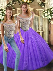 Glamorous Eggplant Purple Tulle Lace Up Ball Gown Prom Dress Sleeveless Floor Length Beading