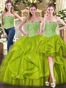 Olive Green Lace Up Sweetheart Beading and Ruffles Quince Ball Gowns Organza Sleeveless