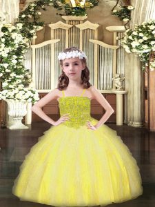 Yellow Ball Gowns Beading and Ruffles Little Girls Pageant Dress Wholesale Lace Up Organza Sleeveless Floor Length