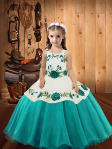 Organza Straps Sleeveless Lace Up Embroidery Little Girl Pageant Gowns in Aqua Blue
