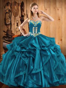 Extravagant Teal Quince Ball Gowns Military Ball and Sweet 16 and Quinceanera with Embroidery and Ruffles Sweetheart Sle