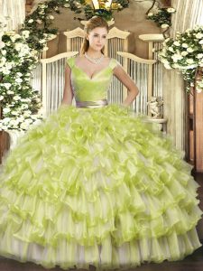 Yellow Green V-neck Zipper Ruffled Layers Ball Gown Prom Dress Sleeveless