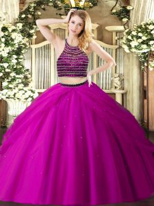 Hot Selling Ball Gowns Sweet 16 Dresses Fuchsia Halter Top Tulle Sleeveless Floor Length Zipper