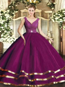 Pretty Fuchsia Backless Quince Ball Gowns Beading and Ruffled Layers and Ruching Sleeveless Floor Length