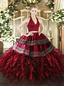 Wine Red Two Pieces Appliques and Ruffles 15th Birthday Dress Zipper Organza Sleeveless Floor Length