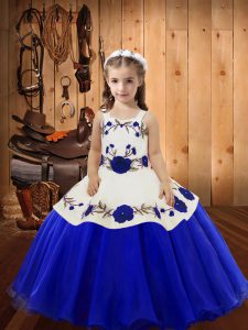 Amazing Blue Little Girls Pageant Dress Sweet 16 and Quinceanera with Embroidery Straps Sleeveless Lace Up